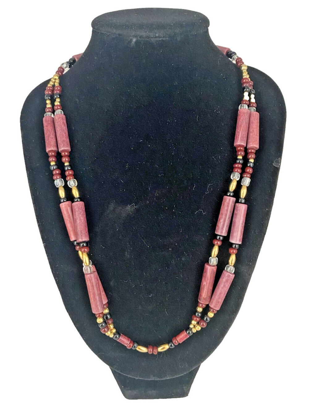Boho Earthy Tone Beaded Necklace with Gold Tone Accent Eclectic Multicolored 23"